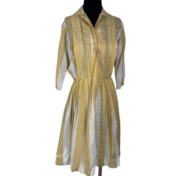 Donovan-Galvani Dresses & Skirts - Vintage 50s Donovan-Galvani Yellow Striped Shirtwaist Dress Cotton Voile As Is